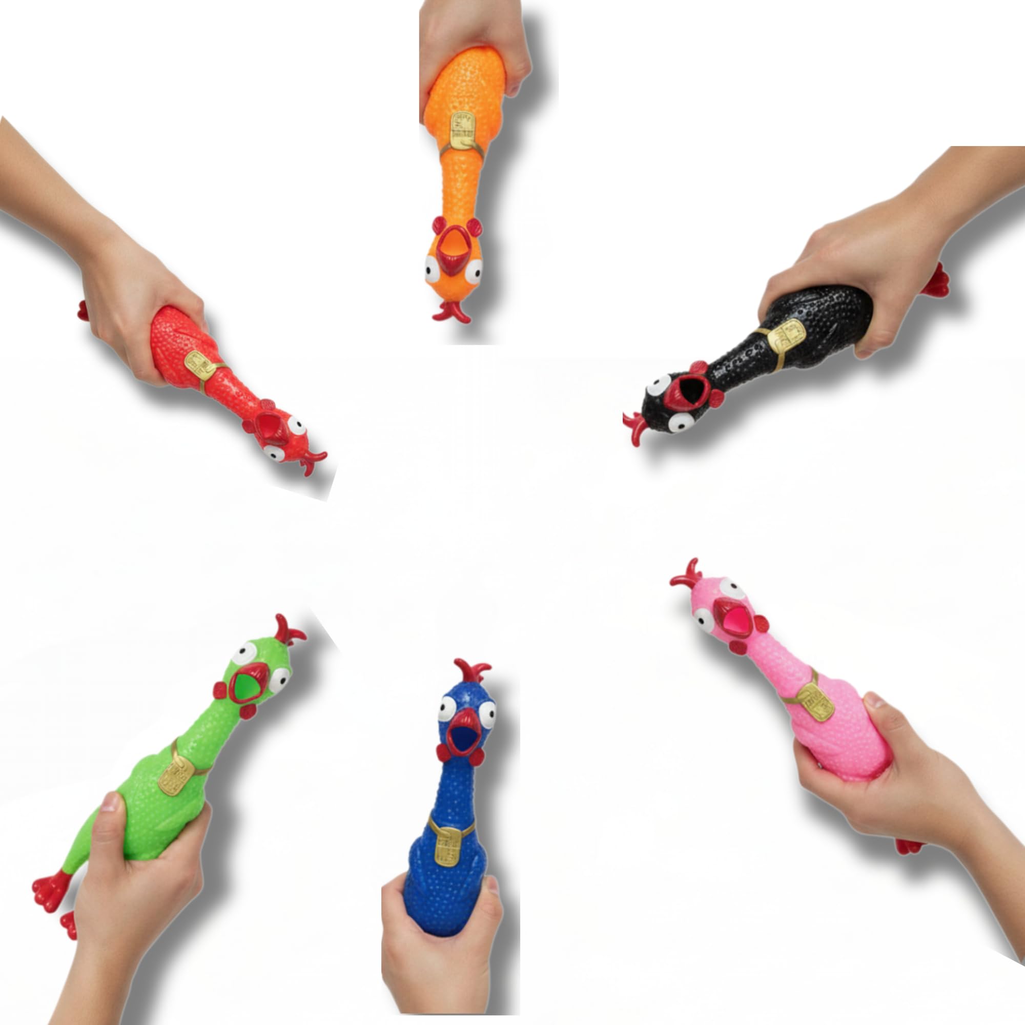 Animolds Squeeze Me Rubber Chicken Toy | Screaming Squeaky Chicken for Kids & Dogs | Novelty Prank Gag Gift (6 Pack Solid)