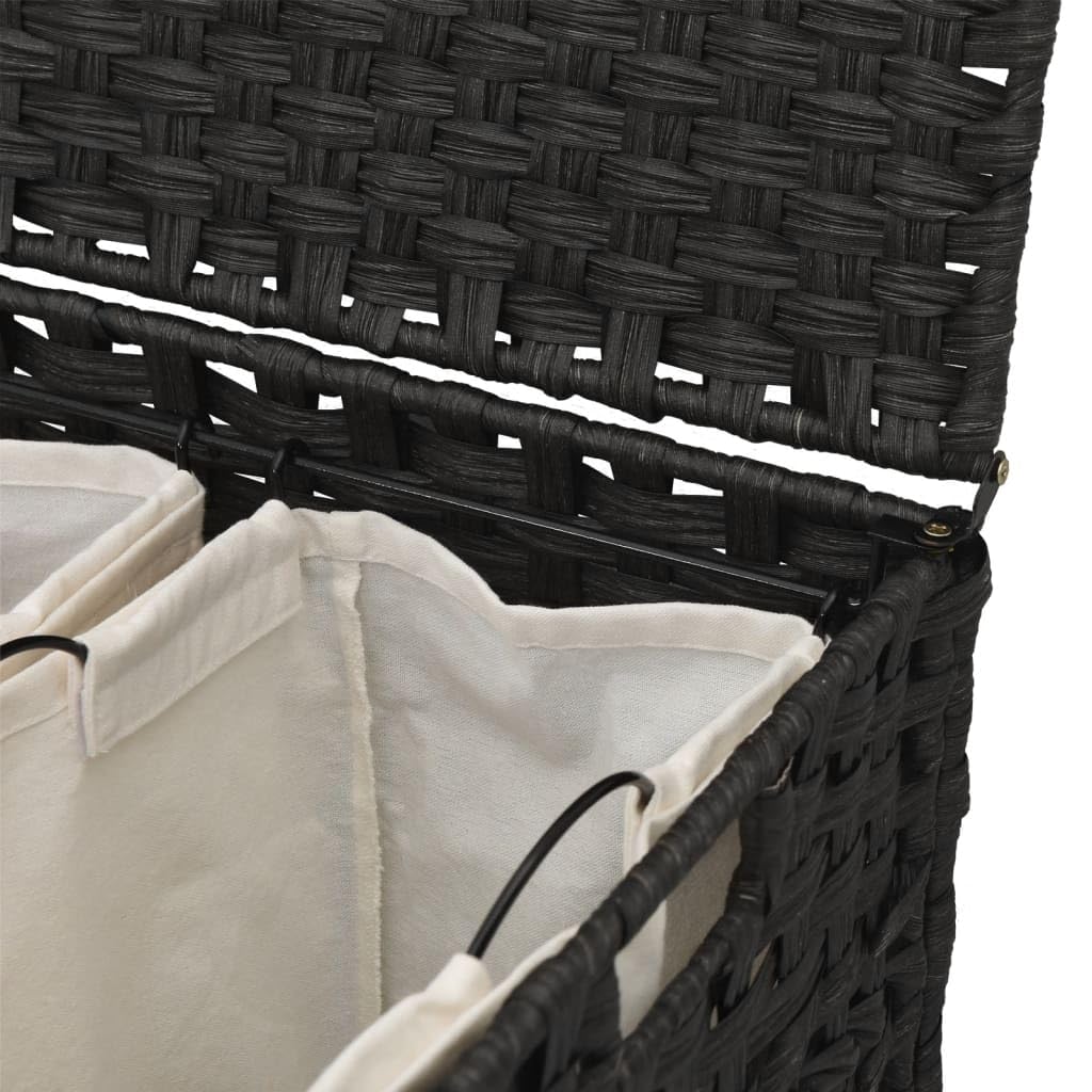 Wäschekorb mit Rollen Schwarz aus Rattan 66 x 35 x 60 cm, 3 Fächer, mit Deckel, klappbar, Wäschebox, Wäschesammler, Wäschetonne für Bad Schlafzimmer Waschküche, platzsparende Ordnung