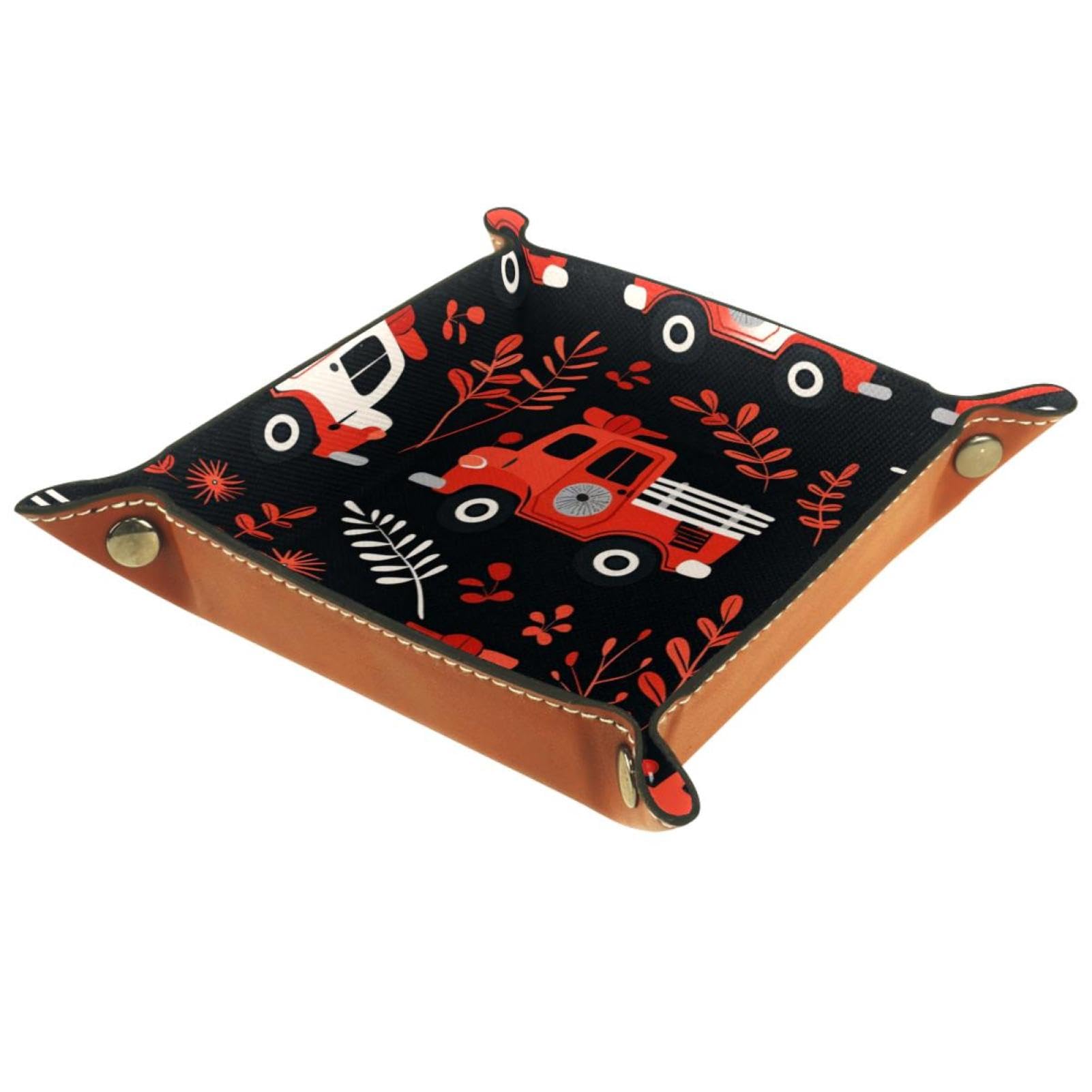 Little Fire Truck Print Thick PU Brown Leather Valet Catchall Organizer, Stylish Jewelry and Key Tray Storage Box, 16x16cm, snh-001