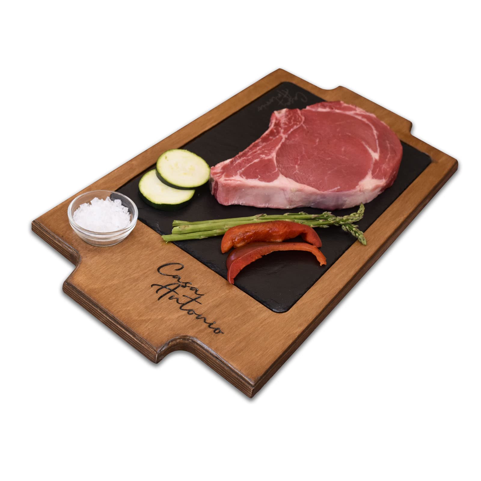 4 Platos de Pizarras Personalizados de 20x30 cm con Bandeja de Madera en Color Roble Personalizada para presentación de Carnes
