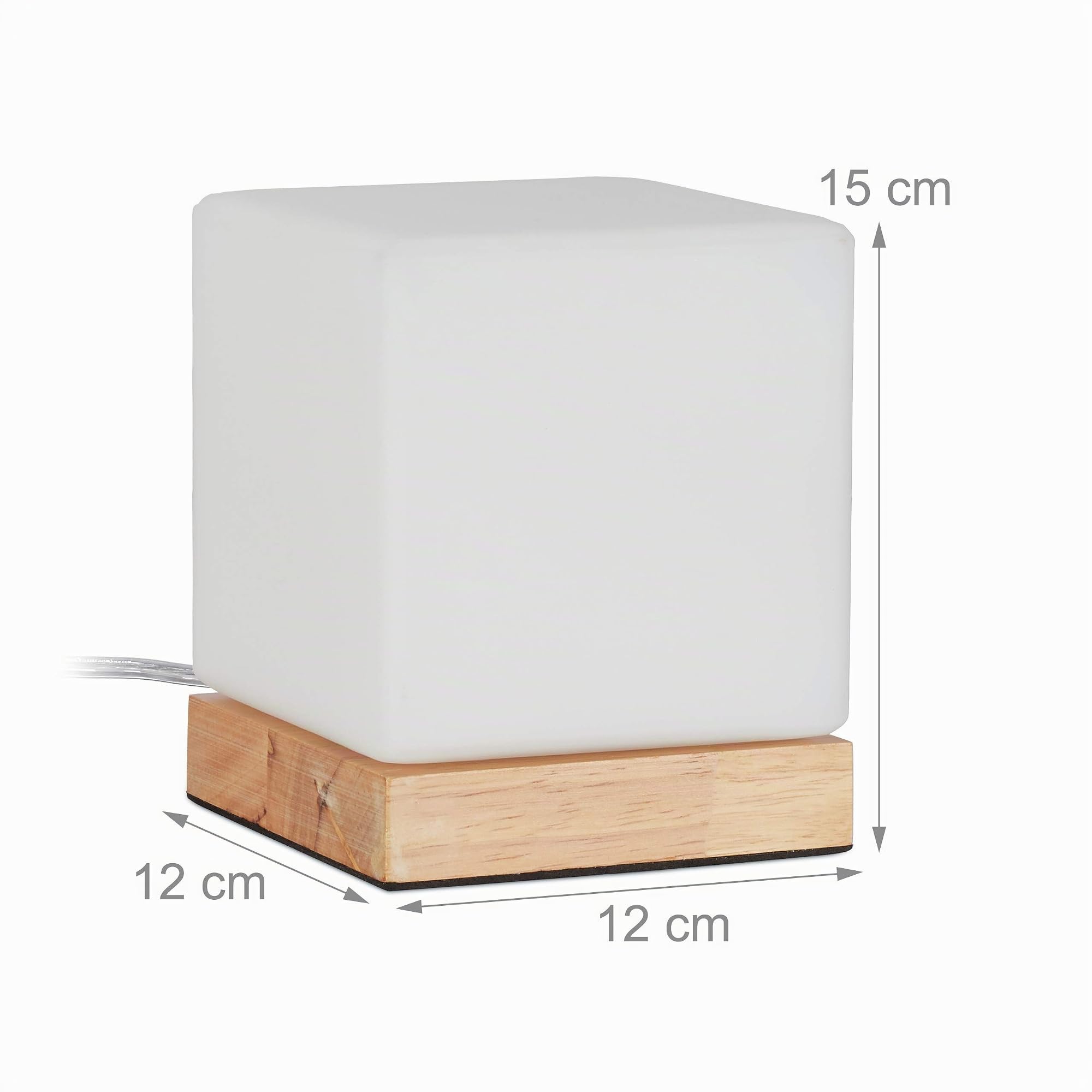 Relaxdays Lampada da Tavolo a Cubo, E14, Base in Legno e Vetro Opalino, Luce Design Scandinavo, HLP 15x12x12 cm, Bianca