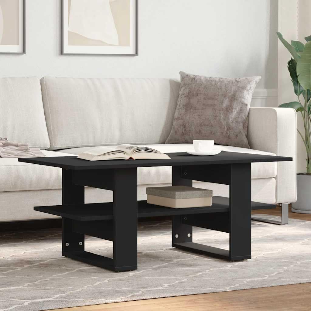 Table basse noir en bois d'ingénierie 102x55x42 cm avec étagère salon