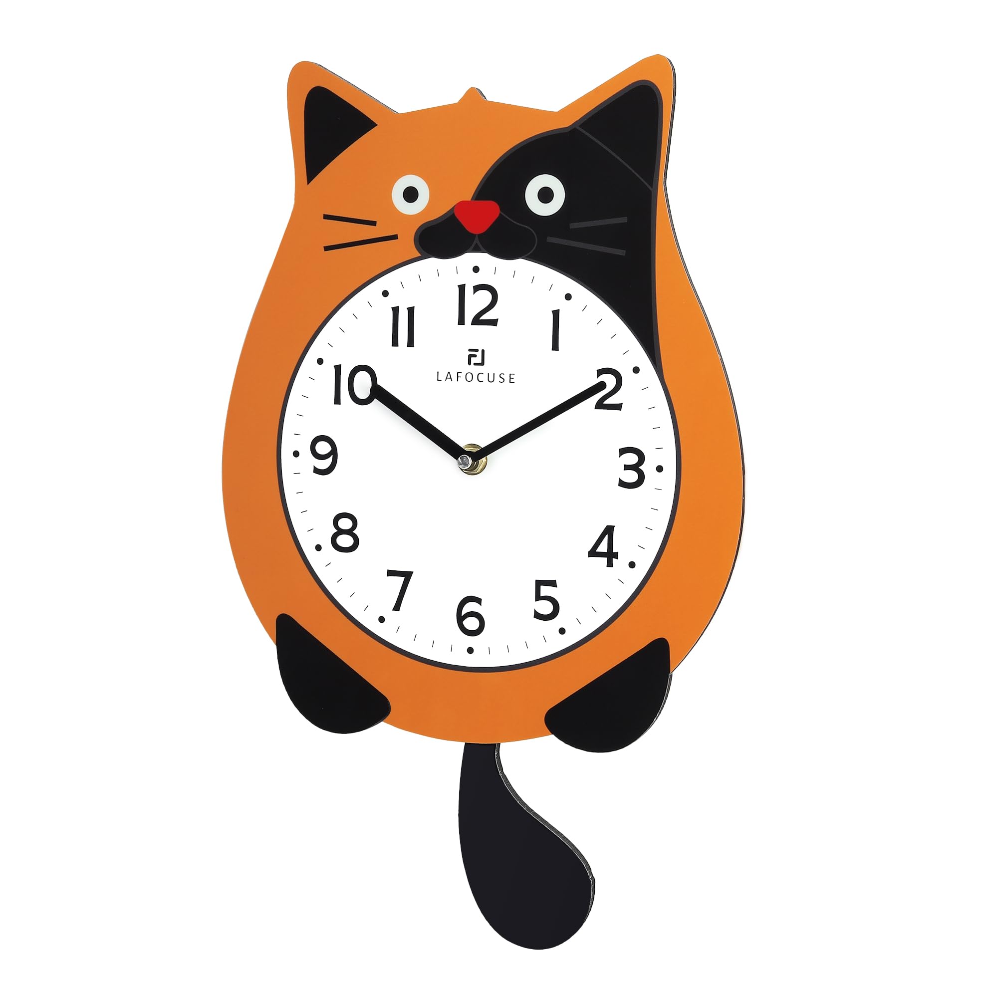 Lafocuse Orologio da Parete Gatto Design Arancione con Pendolo a Coda Mobile, Moderno Orologio da Muro Simpatico Decorativo per Soggiorno Camera da Letto Bambini, 40 x 23.5cm