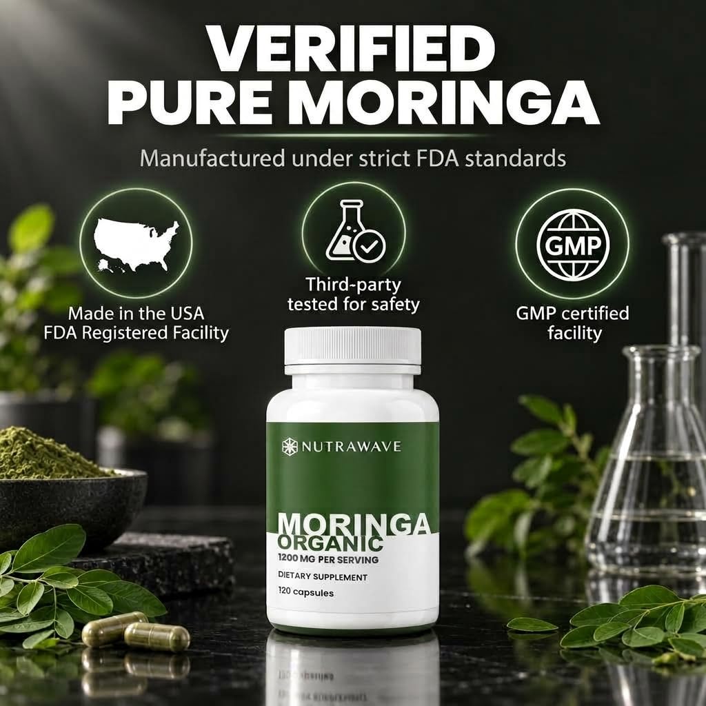 Nutra Wave Organic Moringa Capsules 1200mg – Pure Moringa Oleifera Leaf Supplement Energy, Immune & Lactation Support –Antioxidants & Amino Acids for Women & Men, Non-GMO, Vegan – 120 Capsules — Amazon image 4