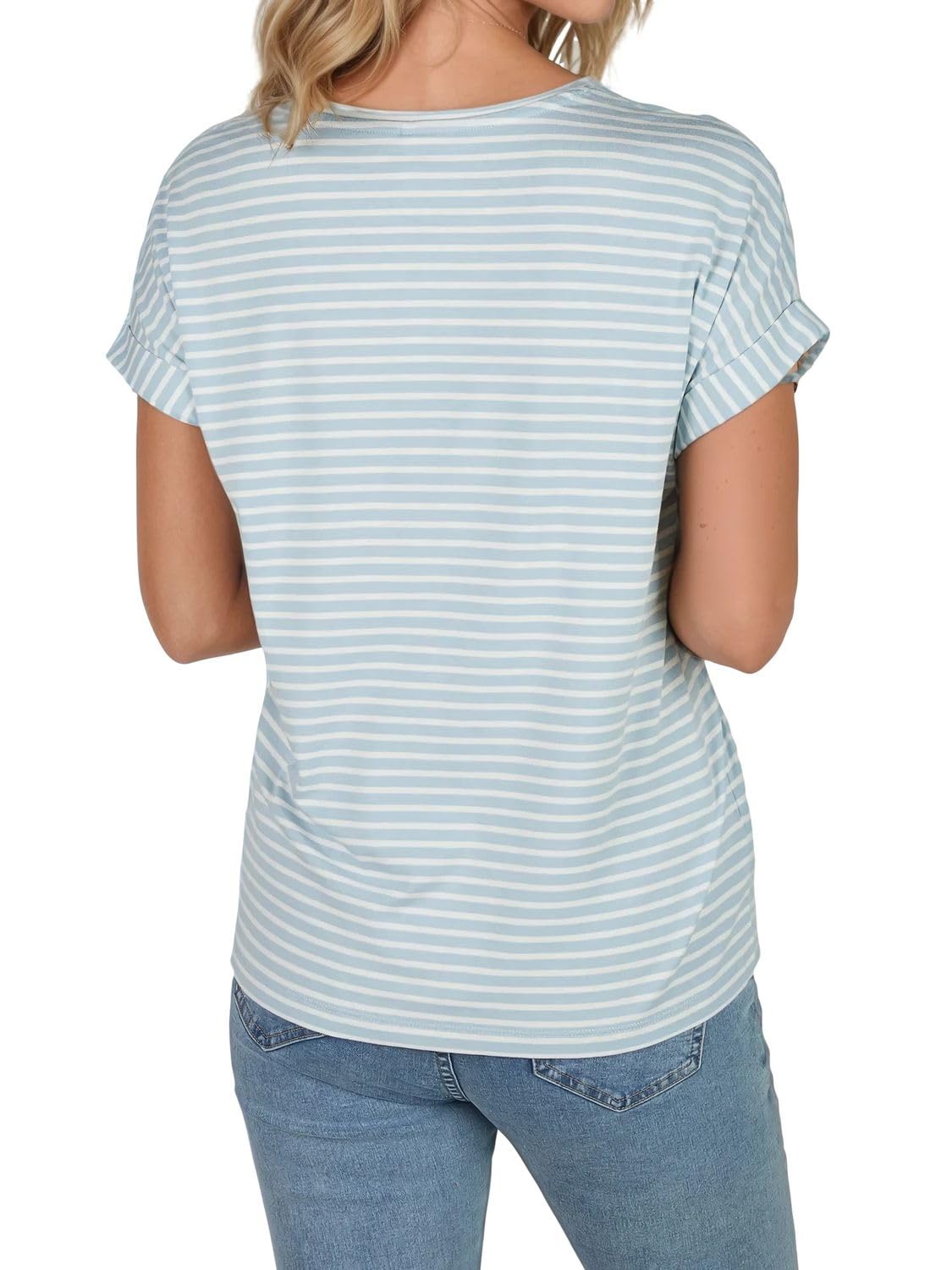 Only Top da donna con scollo rotondo, confezione da 2 pezzi, basic a maniche corte, scollo rotondo, vestibilità normale, estivo, a strisce, blu, rosa, verde, nero, XS, S, M, L, XL, XXL