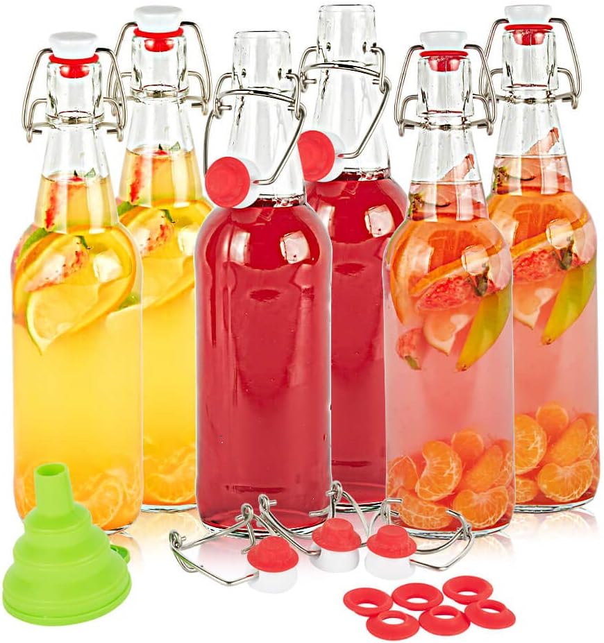 SXUDA Swing Top Glass Bottles 16oz Flip Top Airtight Brewing Bottle (6 Pack) with Free 3 Stoppers 1 Funnel 6 bonus gaskets for Kombucha, Beer, Oil and Vinegar, Beverages, Homemade Juices