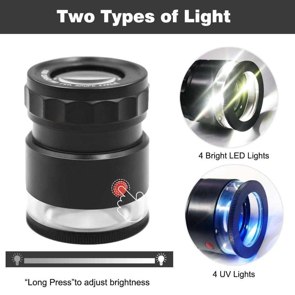 10 x lupa lupa, ładowalna, jubilerska, szkło powiększające z 8 światłami (LED, UV i skala, ręczna lupa do kamieni szlachetnych, monet