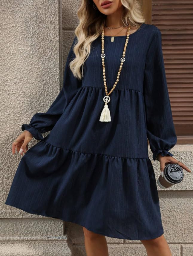 Women's Flowy Tiered Long Sleeve Dress Square Neck Slim Fit Stretch Plus Size Flowy Dresses for Women Tiered Dress - Image 6