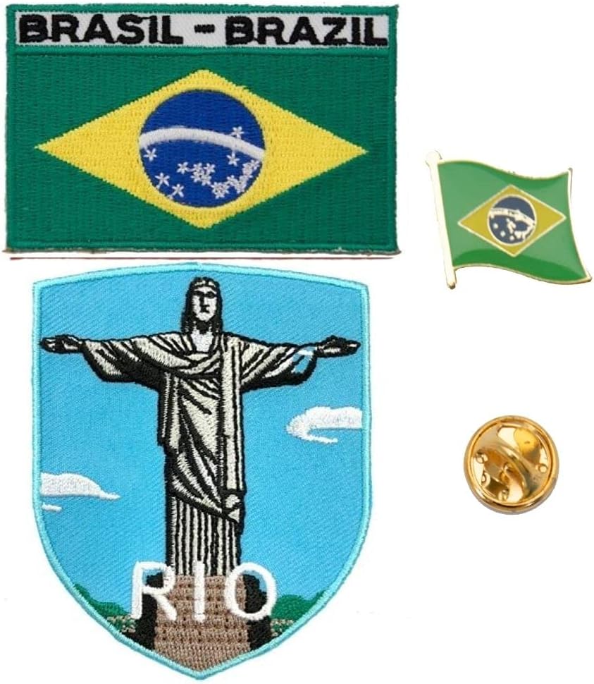 A-ONE - Brazil Rio de Janeiro Cristo Redentor Shield Patch+Brazil Flag Patch and Pin Badge, Rio Jesus Statue Embroidery Patch, New 7 Wonders,Metal Badge Pin for Handbags NO.208B