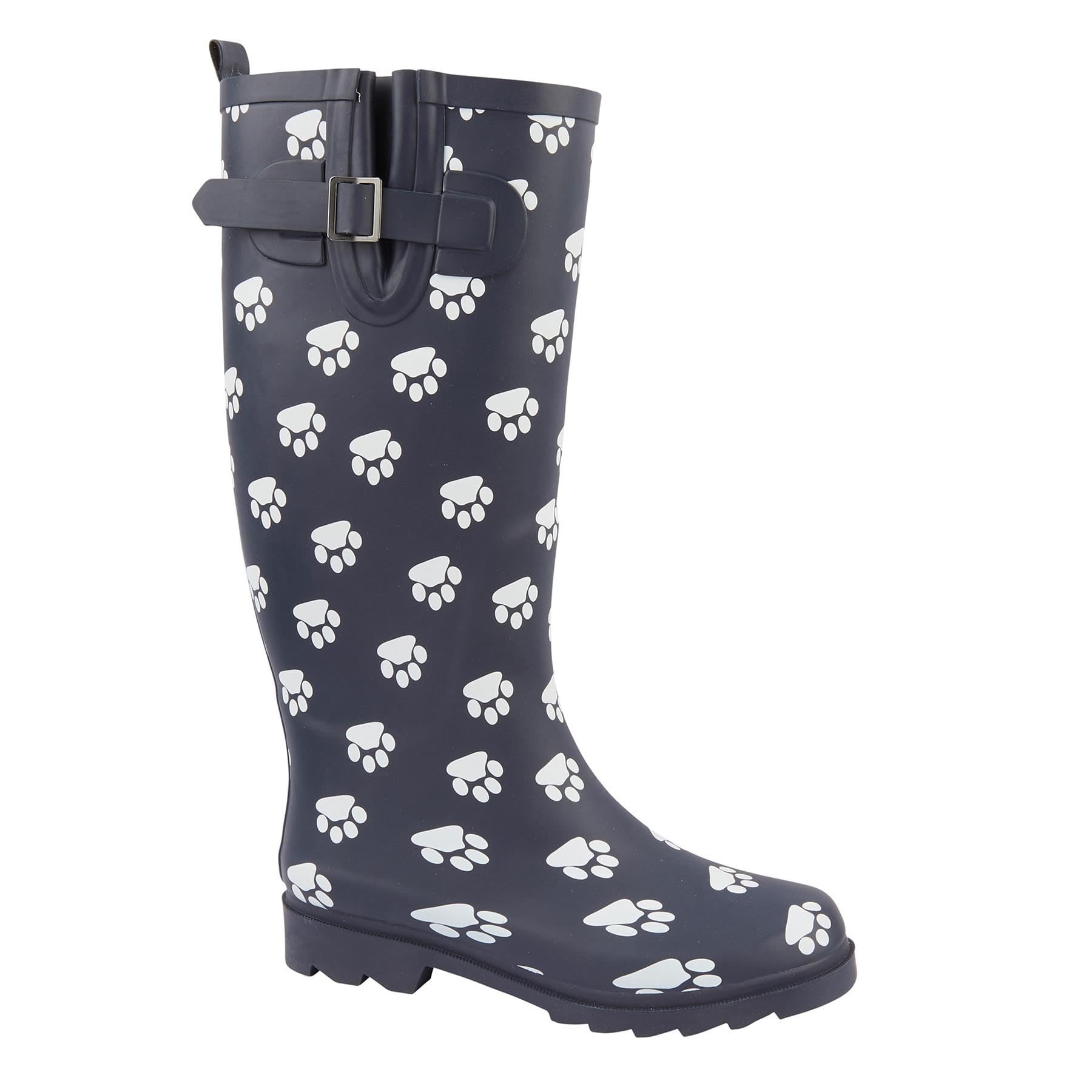 A2Z Botas de agua para mujer, impermeables, largas, con suela de goma, para jardín, festival, paseo de perro, estampado de patas azul marino, elegantes, cómodas, forradas, zapatos de mujer, talla 4 a