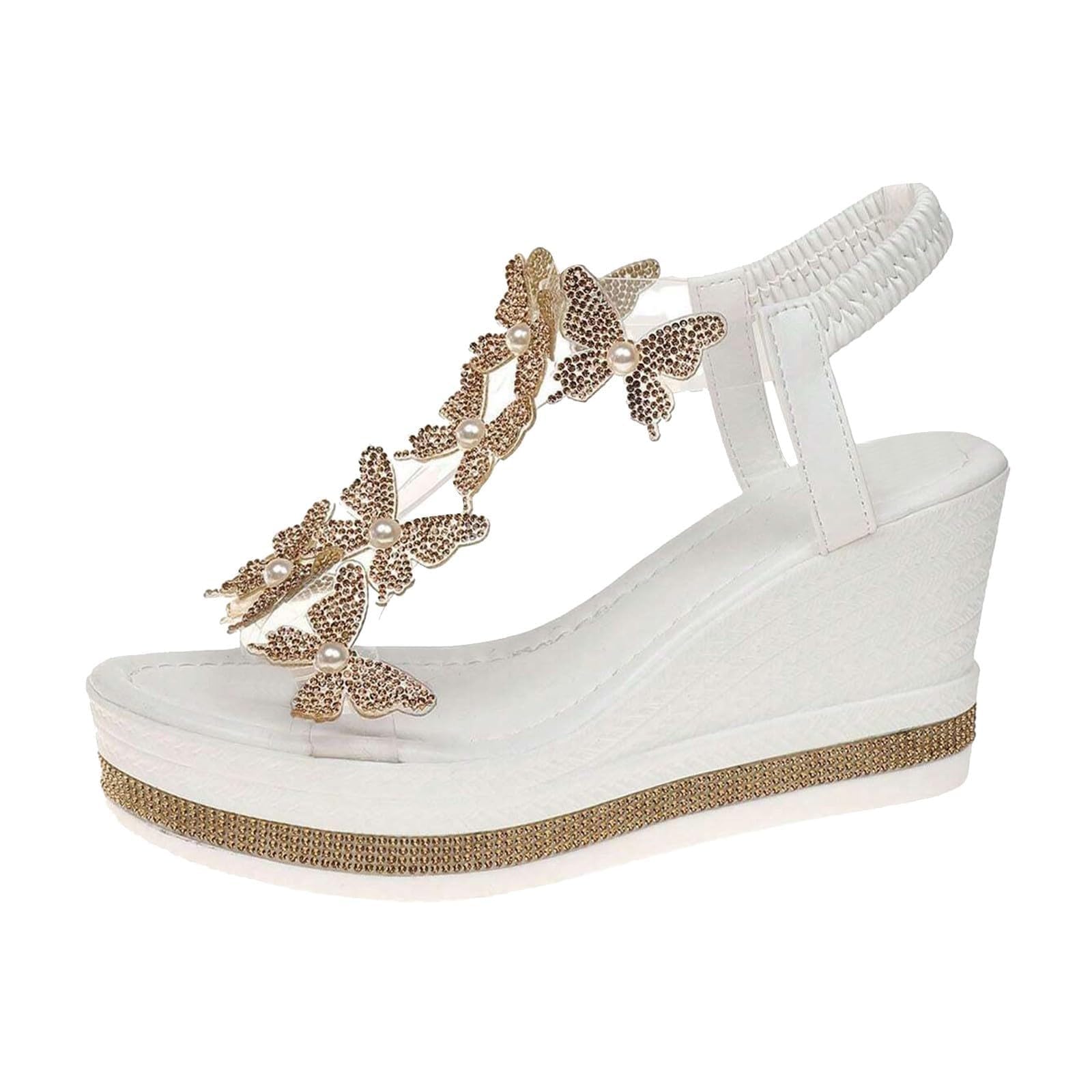 Wedge Sandals For Women Summer Slides Platform Sandals Flat Casual Rhinestone Beaded Sparkly Bling Bohemian Lace Flower Sandal Fashionable Butterfly Decor Cute Walking Shoes