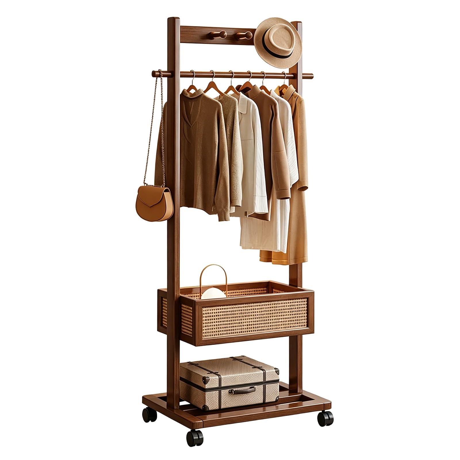 lyxamjrzyp Bamboo Rolling Clothes Rack, Clothing Rack with Storage Basket, Portable Garment Rack for Bedroom Living Room Organizer(19.6in/50cm)