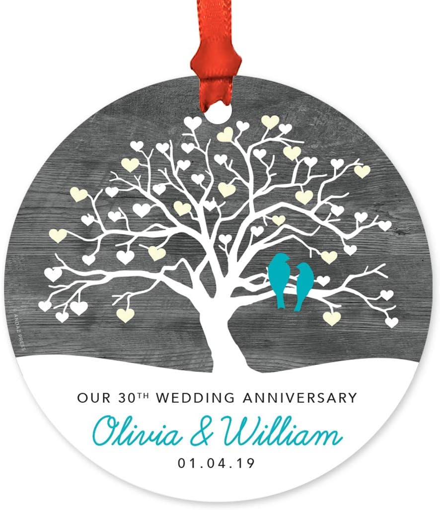 Andaz Press Personalized Round Metal Keepsake Christmas Ornament Gift, Our 30th Wedding Anniversary Ornament First Names Date, 1-Pack, Custom, Includes Ribbon and Gift Bag 30th Anniversary Ornament
