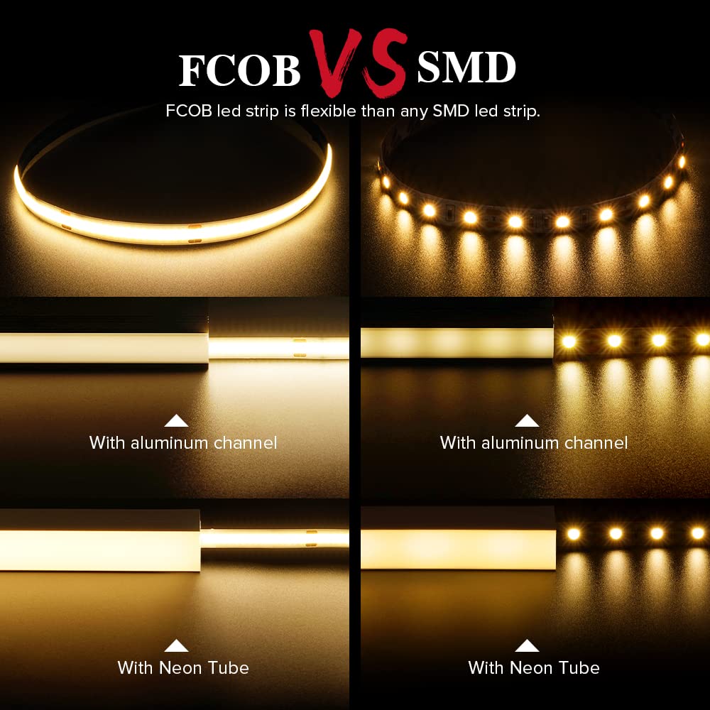 BTF-LIGHTING FCOB 24 V zestaw elastycznych lamp LED o wysokiej gęstości 5 m 360 diod LED/m 1800 diod LED RF14 przyciski przyciemniany kontroler FOB COB CRI90 taśma LED do sypialni, kuchni, domu, ciepła biel z adapterem AC
