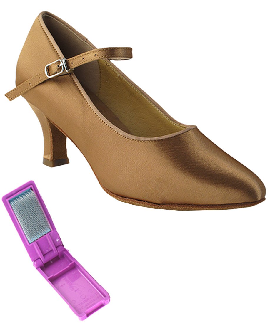 Very Fine Dance Shoes - Ladies Standard, Smooth Ballroom Dance Shoes - SERA5522-2.5-inch Heel and Foldable Brush Bundle - Brown Satin - 7