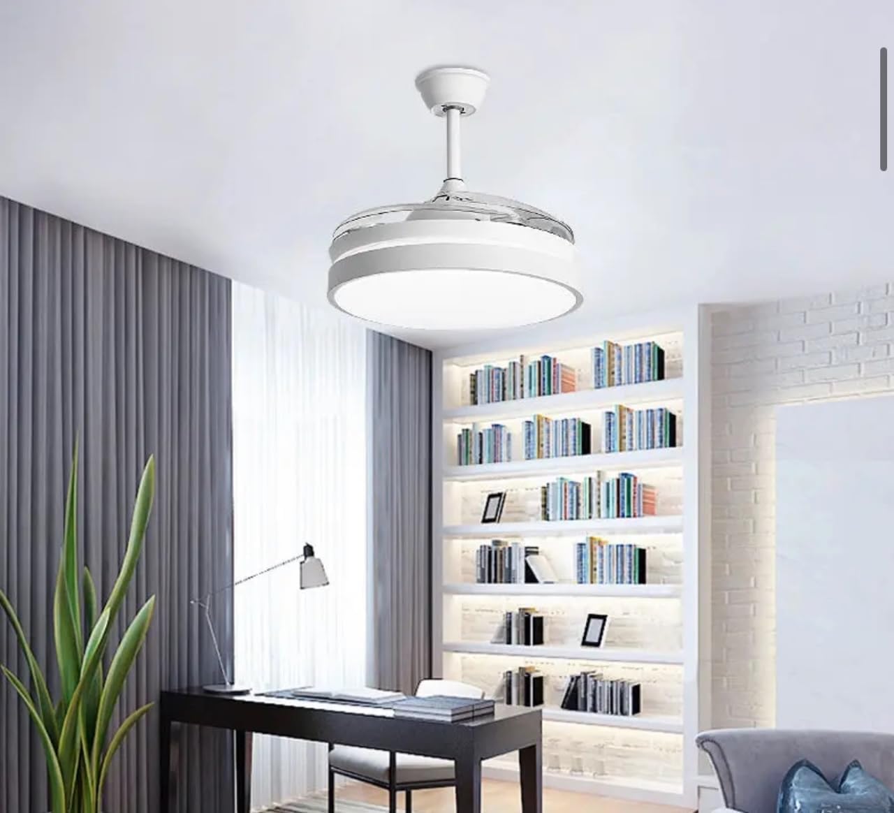 Lampadario da soffitto ventilatore Plafoniera moderna a LED con telecomando e gestibile APP smartphone cambia 3 tonalità luce bianca da 60W, per interni casa cucina soggiorno (Eliche a scomparsa)