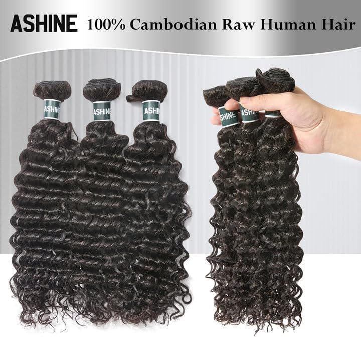 ASHINE Human Hair Bundle Deep Wave Unprocessed Cambodian Raw Hair 26 Inch, Flip Over Quick Weave Wet and Wave Bundles for Women Natural Black