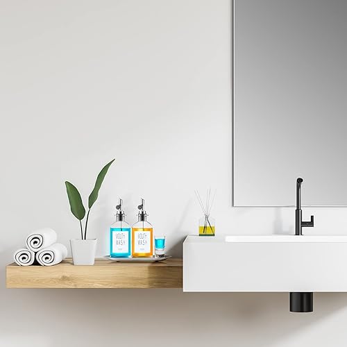 Miniatura 3 de VITVITI Mouthwash Dispenser for Bathroom, 2 Clear Glass Mouth Wash Dispensers Container Holder, 11.8OZ Oil Dispenser Bottle with Tray Cups,