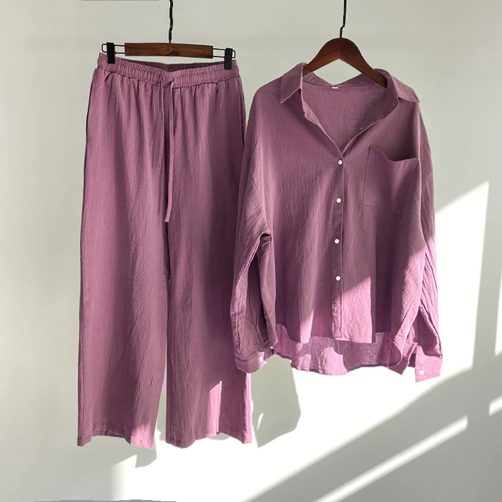 Musselin Bluse Damen Baggy Zweiteiler Sommer Set - Musselin Schlafanzug Damen 2 Teiler Longbluse Leicht Oberteile Hemdbluse Und Shorts Leinen Outfit Leinenhemd Elegant Langarmshirt Lässig Pyjama
