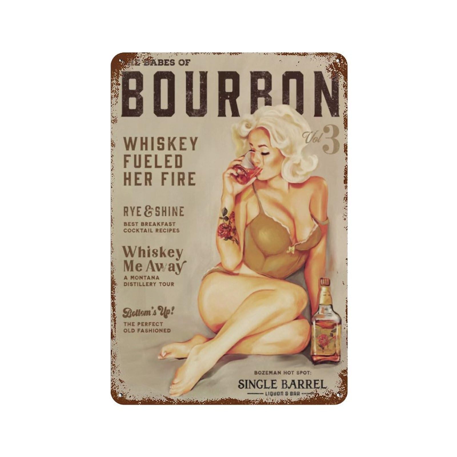 Jaesxxco Girls Tin Sign6 The Babes Of Bourbon. Cute Blonde Pinup In Lingerie Drinking Whiskey Vintage Art Poster,Home Bar Kitchen Coffee Man Cave Garage Wall Decor Art Tin Sign 8X12 Inch