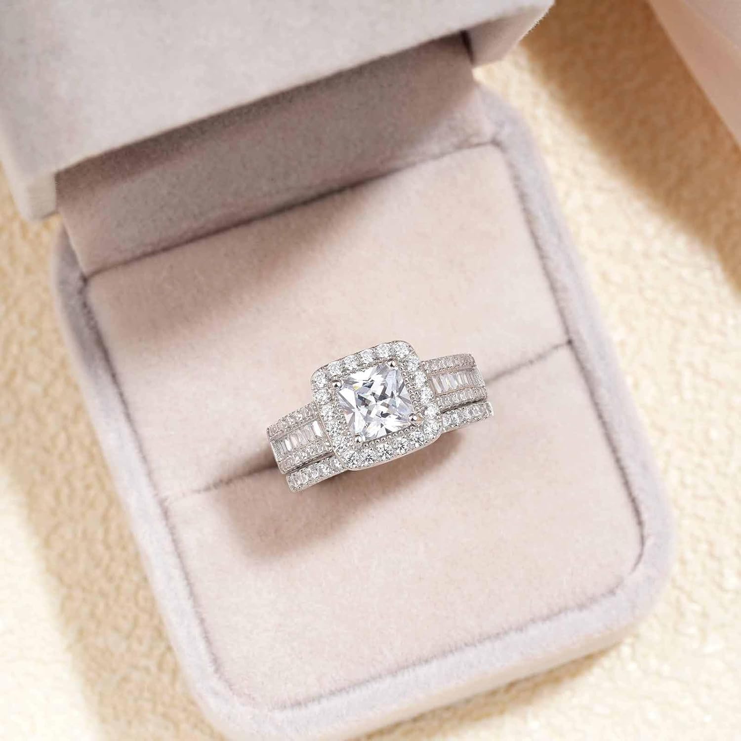 Womens Princess Cut Bridal Ring Sets 925 Sterling Silver CZ Halo Wedding Rings Set for Her Engagement Promise Rings Band Cubic Zirconia for Women Size 5-10 - Image 4