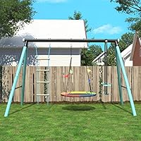 ModernLuxe Swing Set with Metal Frame, Nest Tree Swing, Height Adjustable Seesaw, Climbing Ladder, Outdoor Play Equipment for Children over 3 Years Old, Swing and Slide Set for Kids, Blue