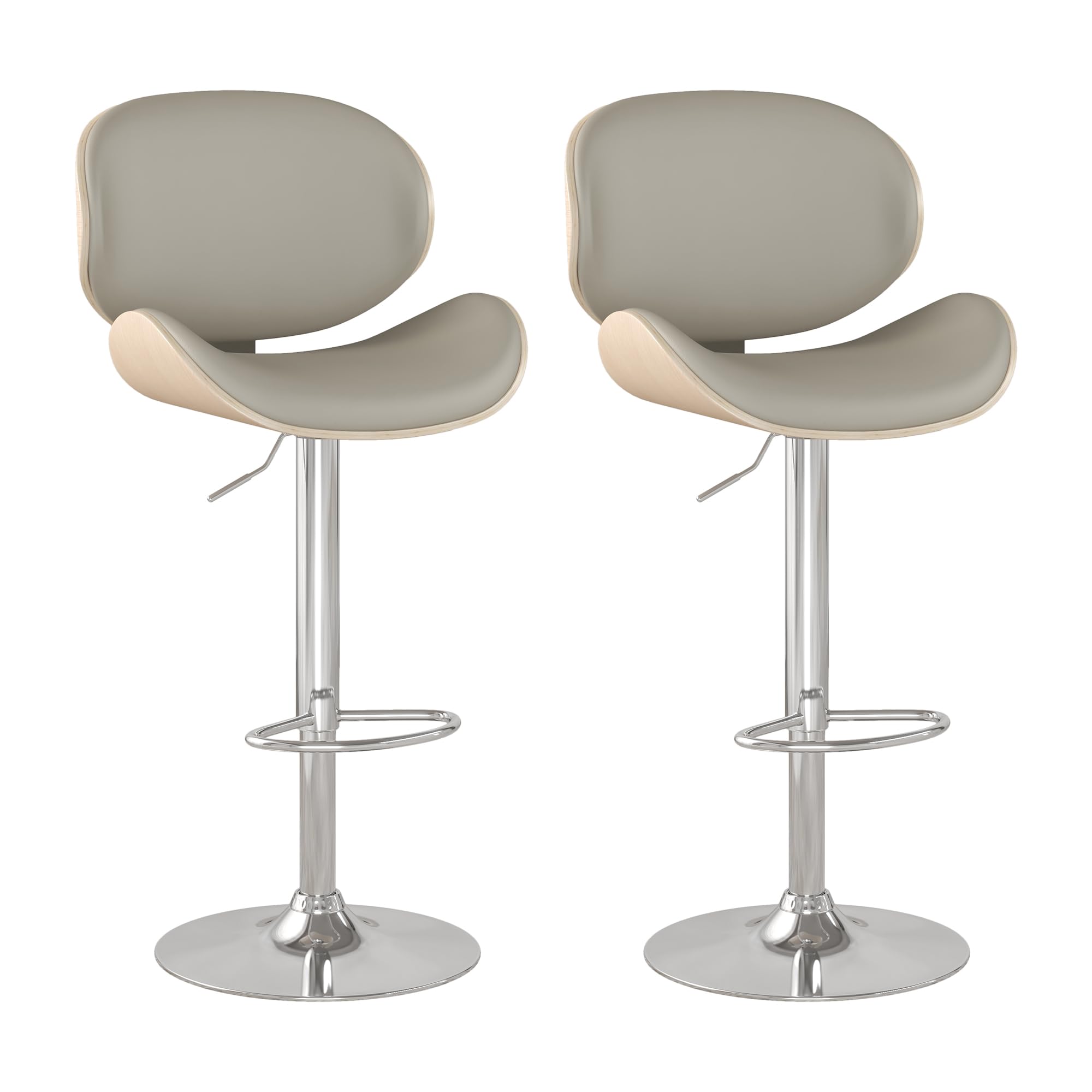 KCCBar Stools Set of 2, Swivel Adjustable Height Barstools, PU Leather Upholstered Bar Chairs with Footrest, Bentwood Bar Stool for Kitchen, Bar, Dining Room(Grey PU)
