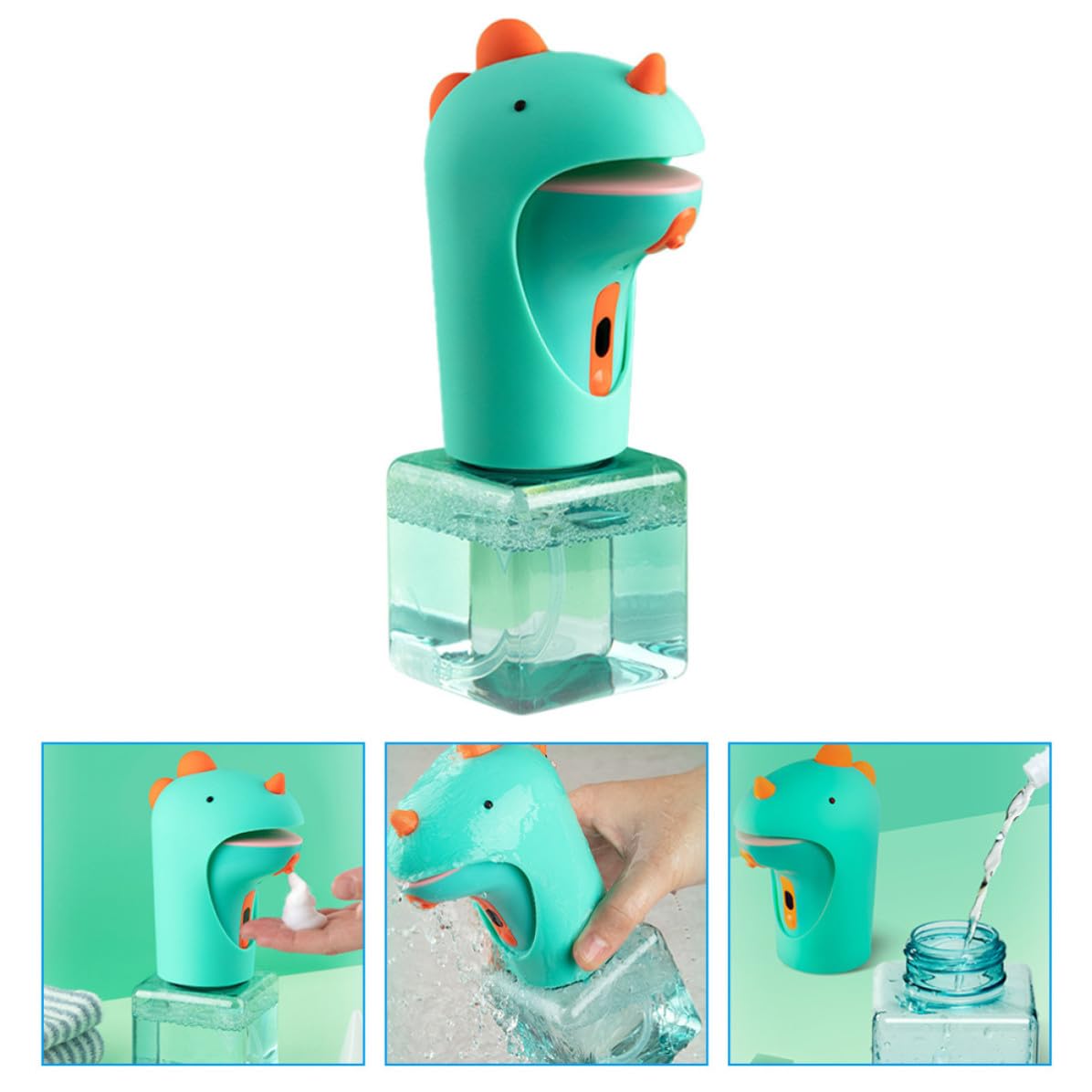 TEHAUX Dispensador de Jabón sin Contacto Dispensador de Jabón Automático de Dinosaurio de Dibujos Animados, Verde, Silicona, Abs y Petg, Antideslizante, Ligero, Cocina y Uso Diario