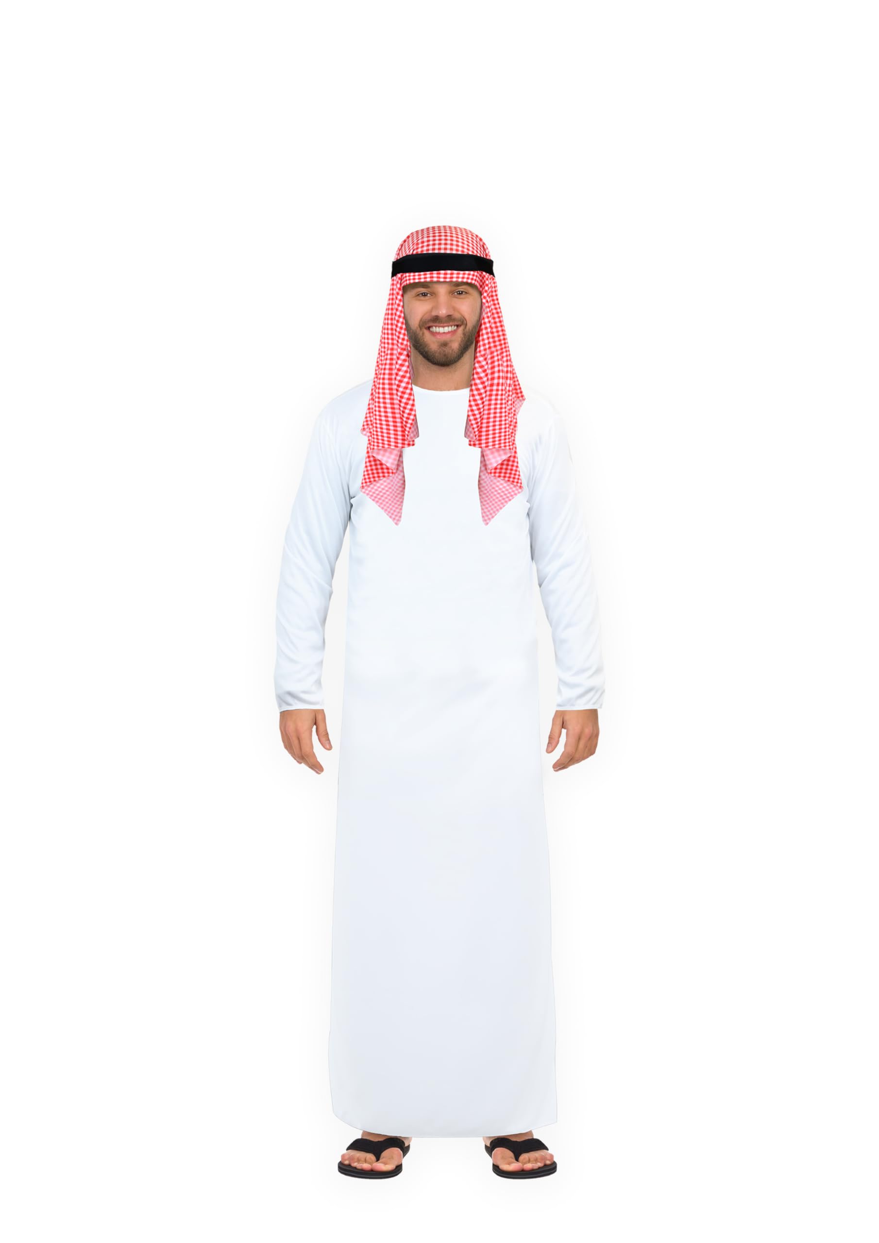 HENBRANDT Adult Men’s Arabian Sheikh Fancy Dress White Long Tunic with Headdress Saudi Prince Dress up Outfit Arab Sheik One Size Mens Fancy Dress Costume