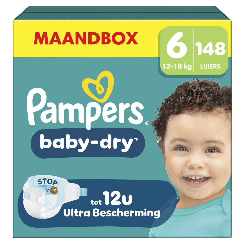 Pampers Nappies Size 6 (13-18 kg) Baby-Dry, Extra Large, Monthly Box, Up to 12 Hours All-Round Leak Protection, Pack of 148