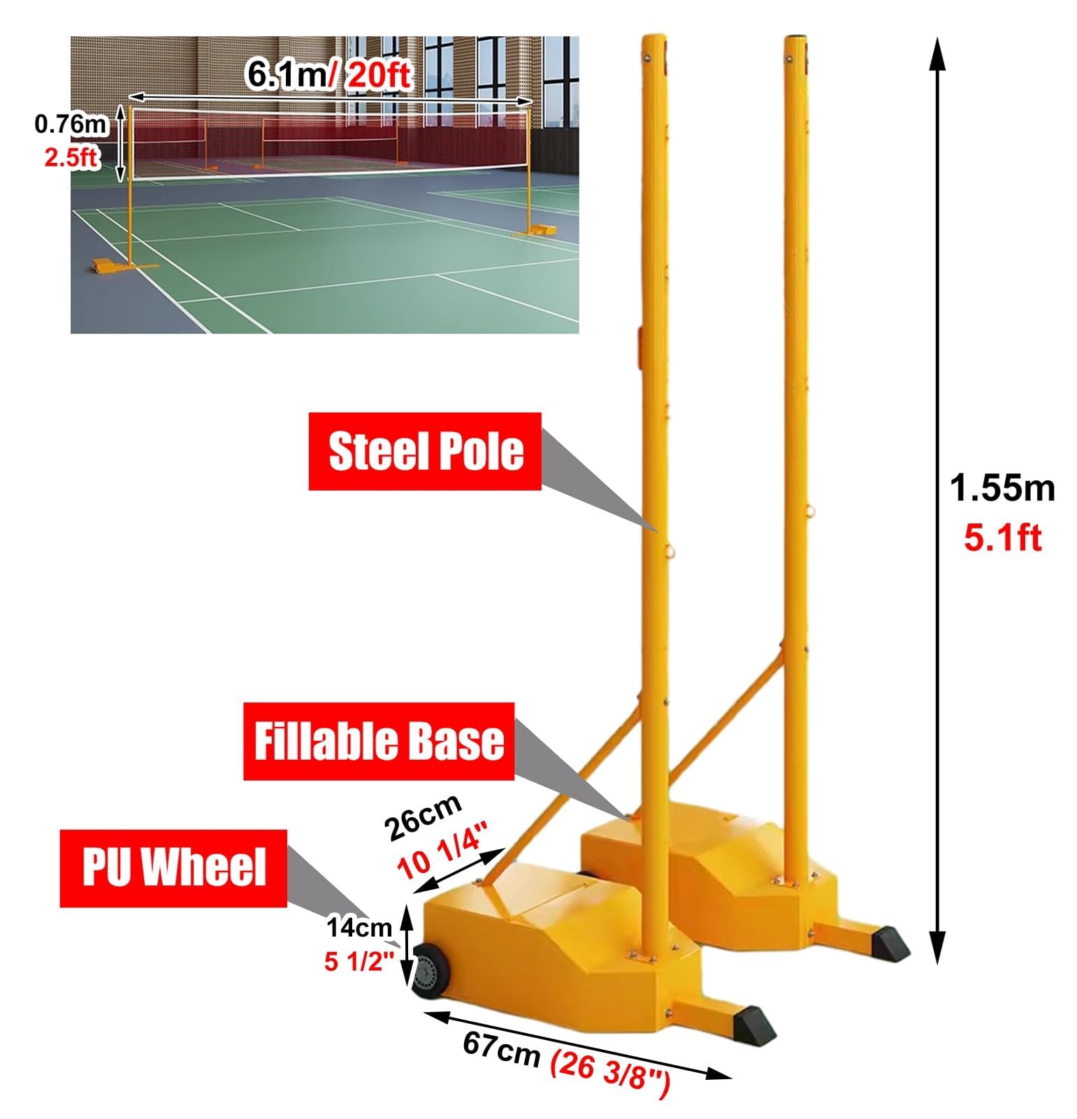 Rete da badminton autoportante e supporto, portatile, per interni ed esterni, con base riempibile, rete da tennis da 1,6 m per uso in spiaggia
