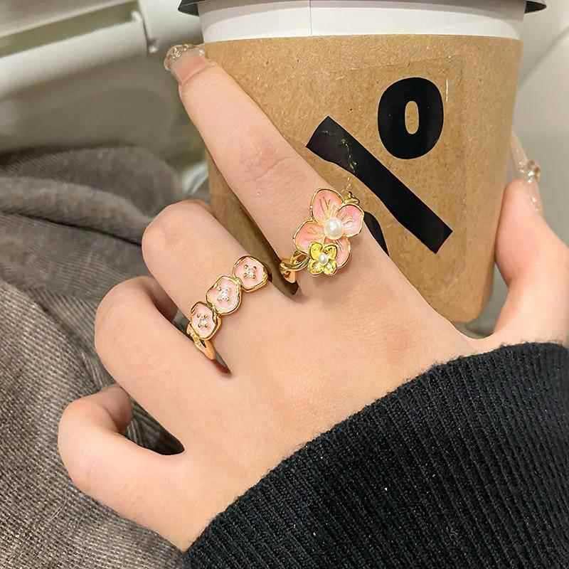 Sweet Peach Blossom Flower Pearl Open Statement Ring for Women Dainty Cute Pink Enamel Petals Floral Adjustable Band Gold Plated Finger Rings Wedding Engagement Promise Comfort Fit Stackable Jewelry2