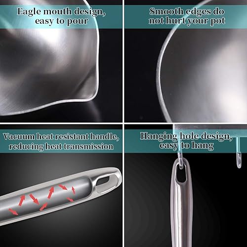 Miniatura 6 de Newness Separador de grasa, duradero separador de salsa de acero inoxidable 304 con mango redondo ergonómico al vacío, cuchara coladora para sopas,