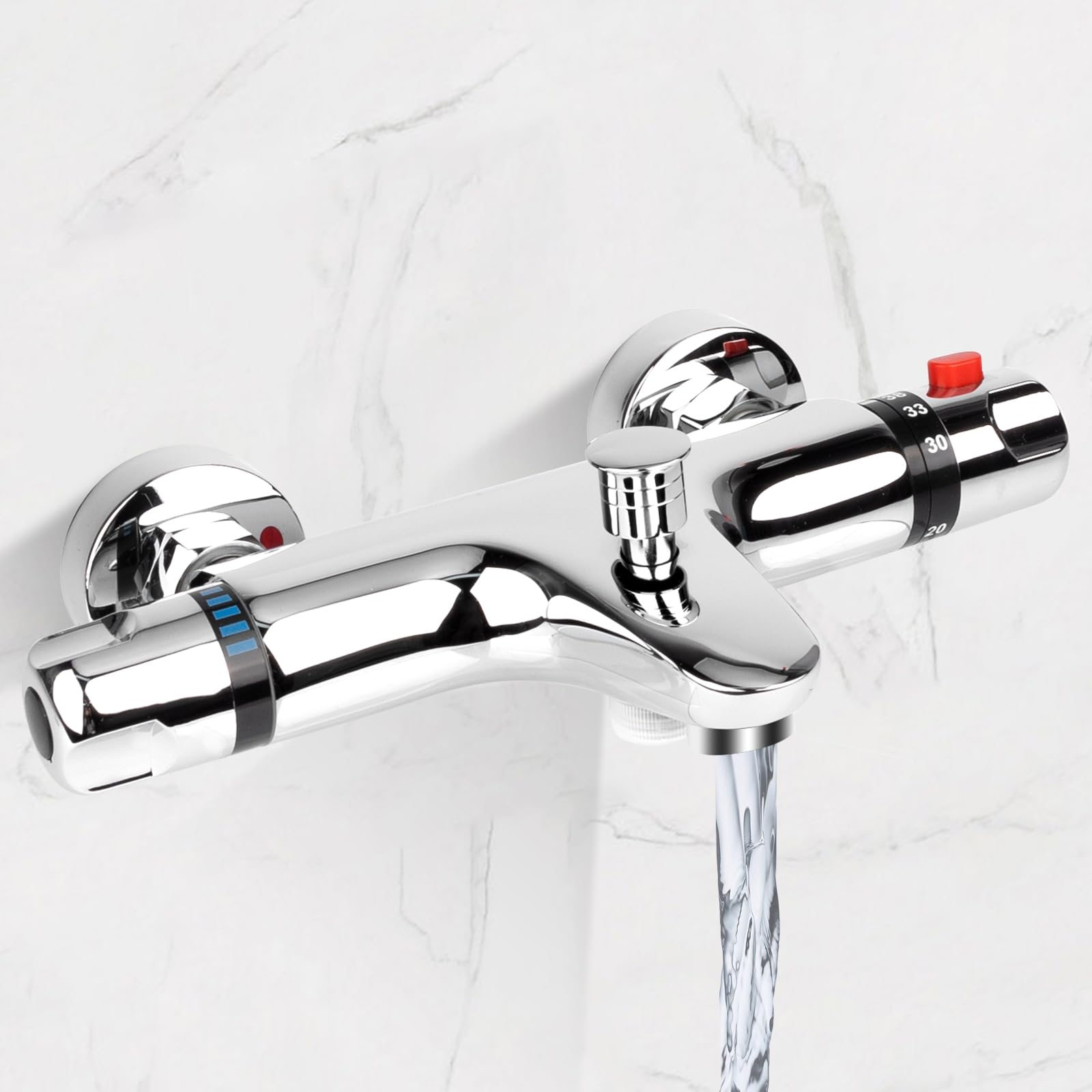 Miscelatore Doccia con Termostatico, 2 Uscite Ubinetto Vasca con Pulsante di Sicurezza 38°C, Miscelatore Vasca da Bagno Termostatico per Doccia per Temperature Calde e Fredde (20°-50°C)
