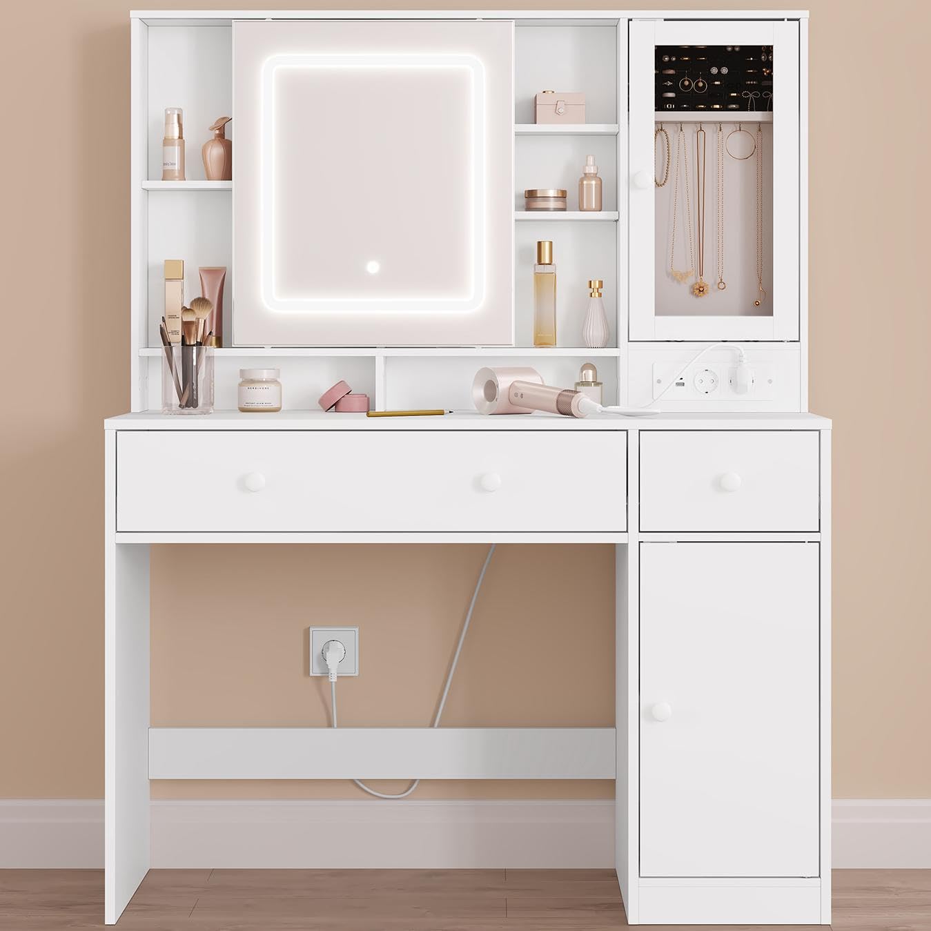 WOLTU Tocador Maquillaje con Joyero, Espejo Luz LED Ajustable, Mesa Tocador Maquillaje con Enchufes, Cajones y Estantes, Blanca, MB6125ws