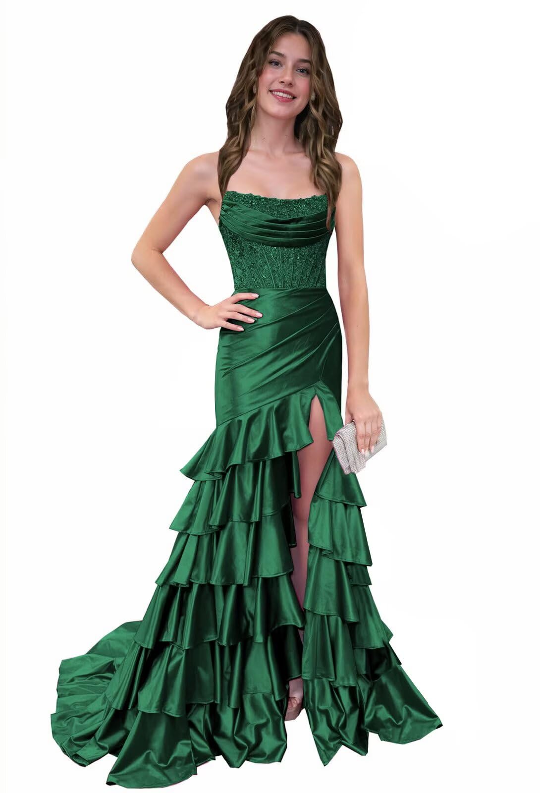 Aootumi Mermaid Satin Prom Dresses for Women Sparkly Strapless Tiered Ruffle Corset Long Formal Evening Gown with Slit
