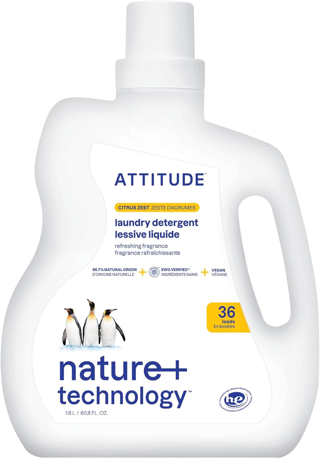 ATTITUDE Liquid Laundry Detergent, EWG Verified, HE Compatible, Plant-Based & Vegan, Natural Laundry Soap, Citrus Zest Scent, 60.8 Fl Oz