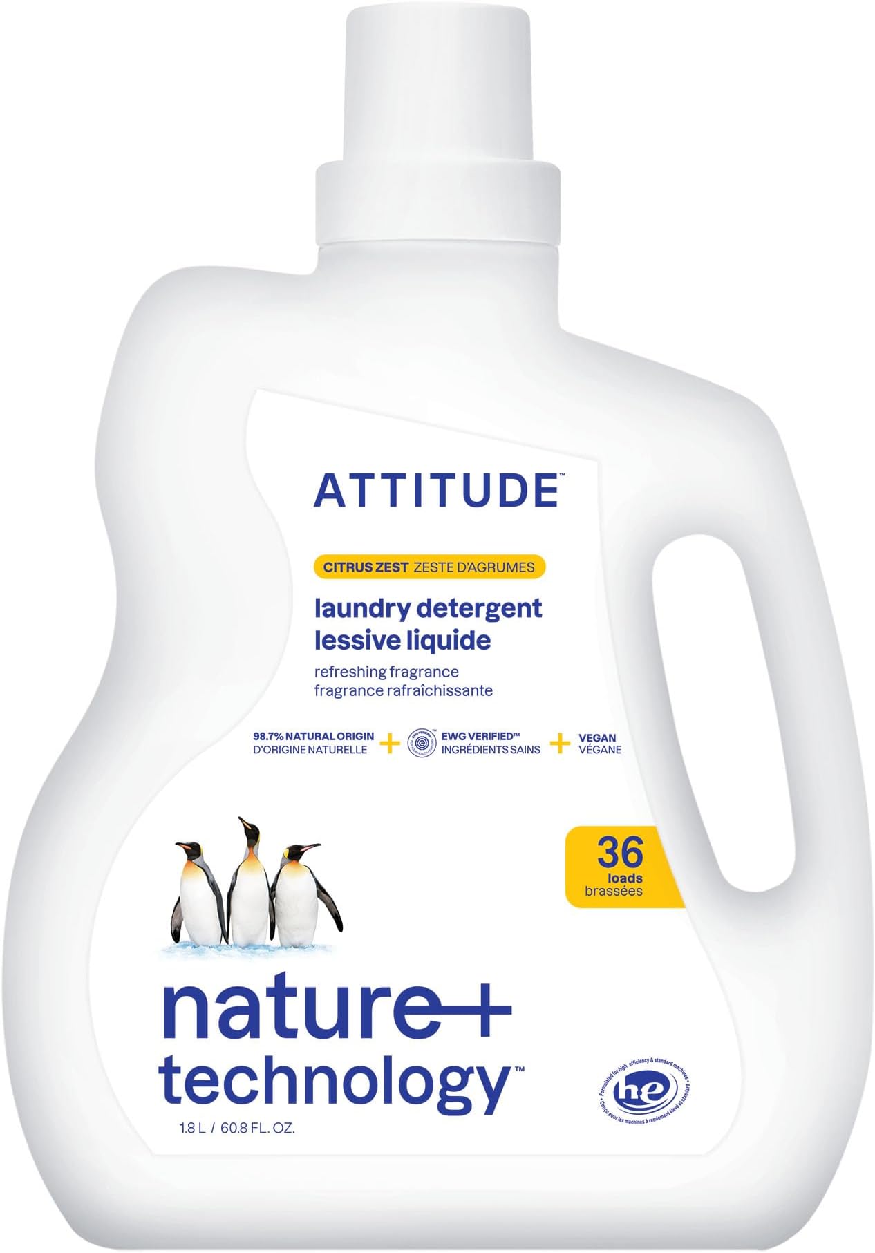ATTITUDE Liquid Laundry Detergent, EWG Verified, HE Compatible, Plant-Based & Vegan, Natural Laundry Soap, Citrus Zest Scent, 36 Loads, 1.8 Liters