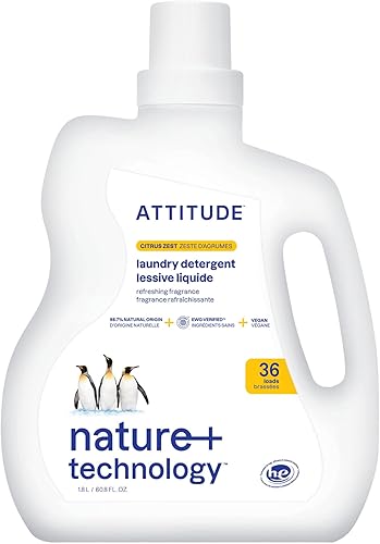 ATTITUDE Detergente líquido para lavandería, fórmula de ingredientes a base de plantas y minerales, HE, vegano y libre de crueldad, ralladura de