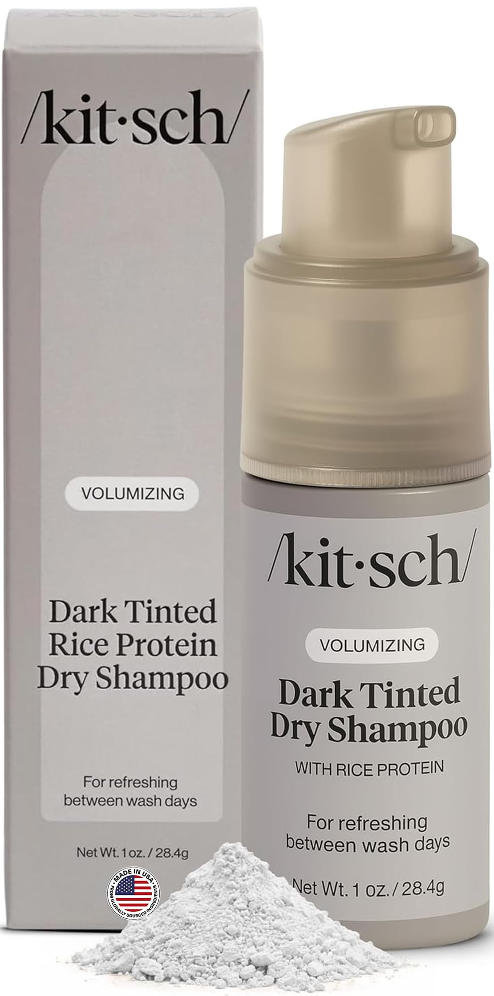 Kitsch Volumizing Rice Protein Dry Shampoo Powder Pump - Dark Tinted, 1oz | Absorbs Oil, Non-Greasy, Great For Dark Hair Color – Travel Size Dry Hair Shampoo for Women & Men, No White Cast