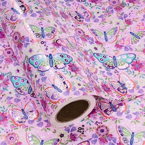 WRAPAHOLIC Butterfly Wrapping Paper Roll - Mini Roll - 17 inch x 16.5 Feet - Pastel Garden Butterfly & Flower Wrapping Paper with Purple Foil for Mother’s Day, Birthday, Wedding, Spring