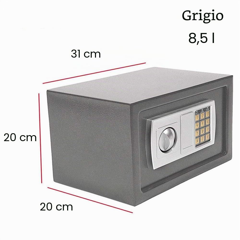 Cassaforte Elettronica con Tastiera Digitale e 2 Chiavi, Cassetta di Sicurezza a 8,5L per Home Office, Costruzione in Acciaio, Cassaforte a Muro Protezione di Denaro, Gioielli, 31x20x20cm, Grigio