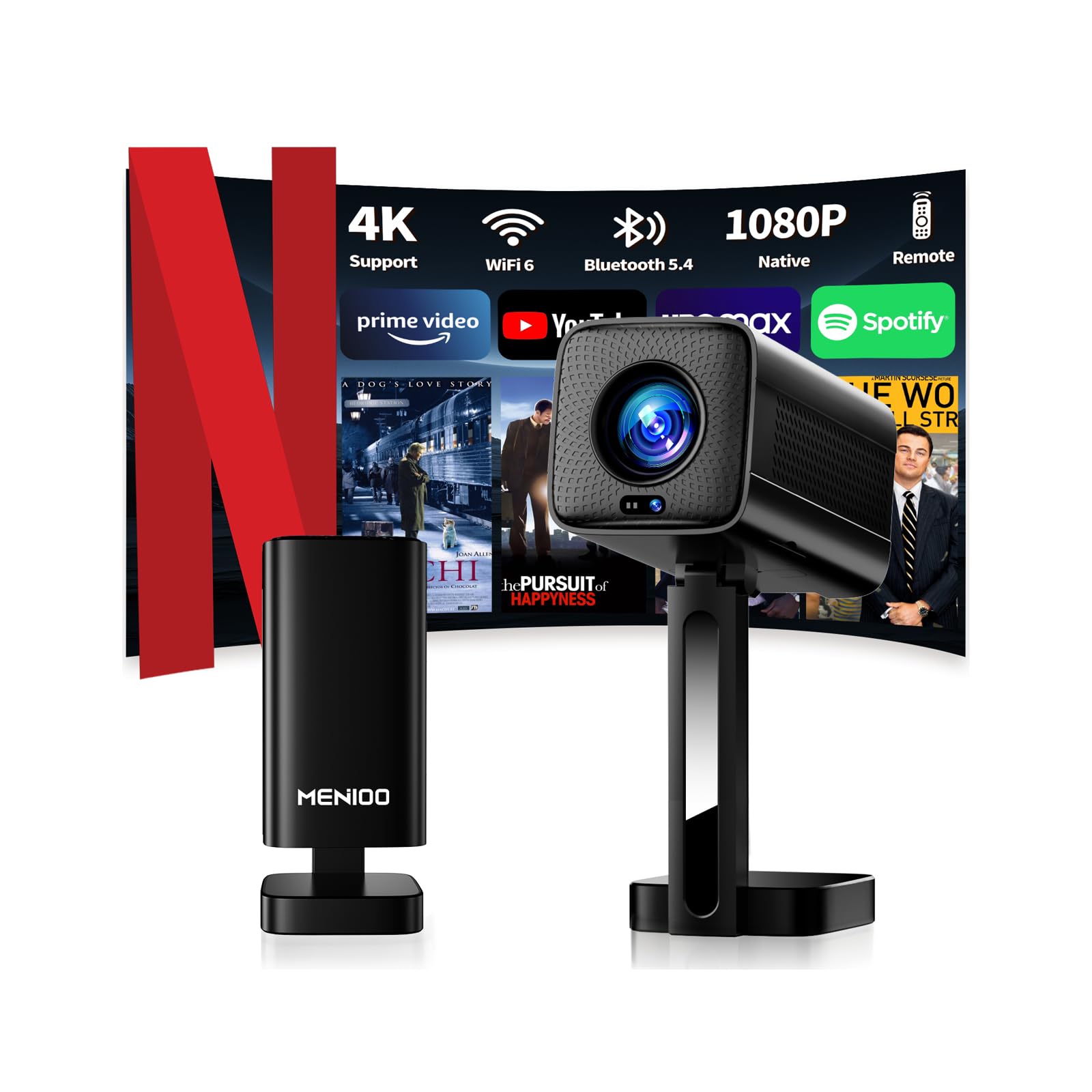 [2026 Upgraded & Apps Integrate] Proiettore 4K Support 1080P & Auto Focus/Keystone e Rotabile 90°, Mini Proiettore con WiFi 6 e Bluetooth 5.4 Compatibile con HDMI/TV Stick/Memory Stick/Laptop - Nero