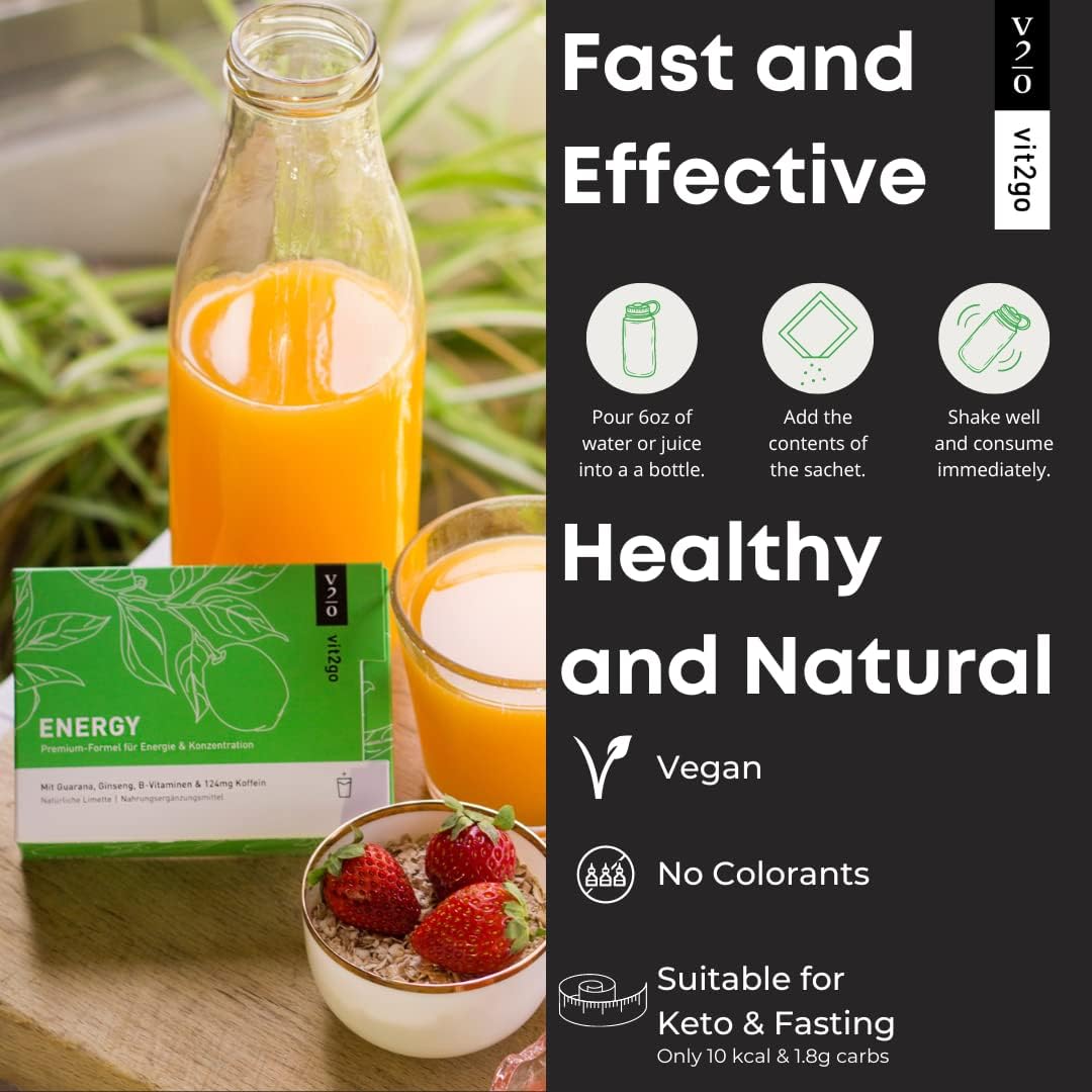 Natural Energy Drink Mix - 124mg Caffeine from Ginseng & Guarana | Sugar-Free, No Crash Pre-Workout Powder | B Vitamins, Magnesium & Zinc | Focus & Performance | Keto, Vegan | 25 Portions