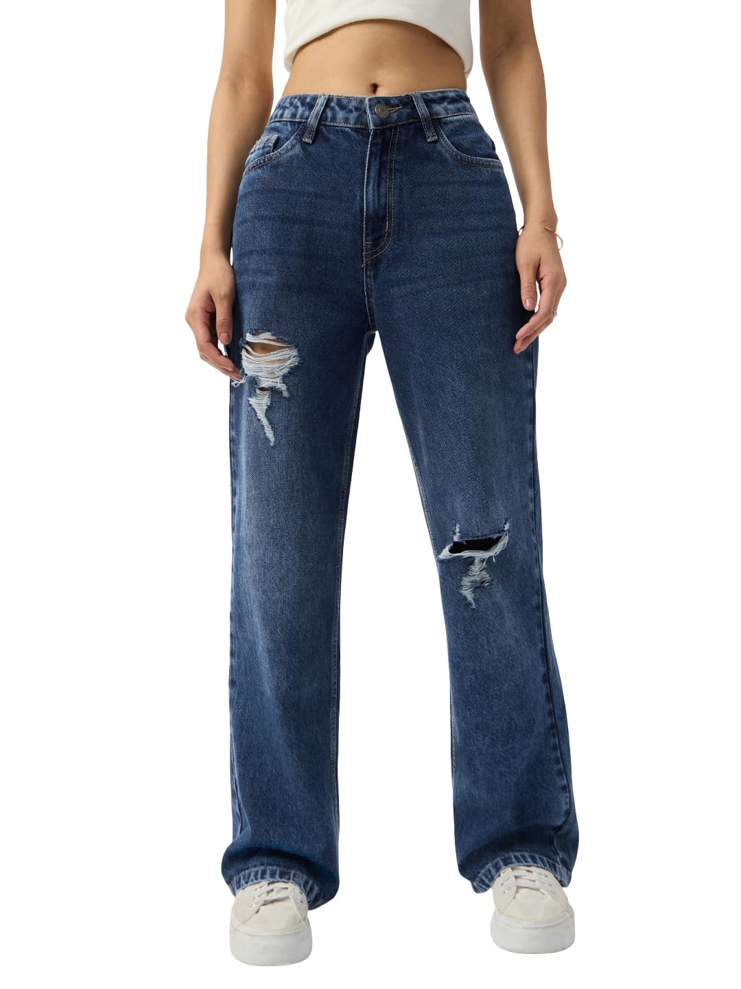 the souled store Distressed Denim: Mid-Blue Women and Girls Buttoned Waistband Distressed Faded Cotton Denim Straight Fit Breathable Lightweight Everyday All-Season Denim Jeans-picture-40