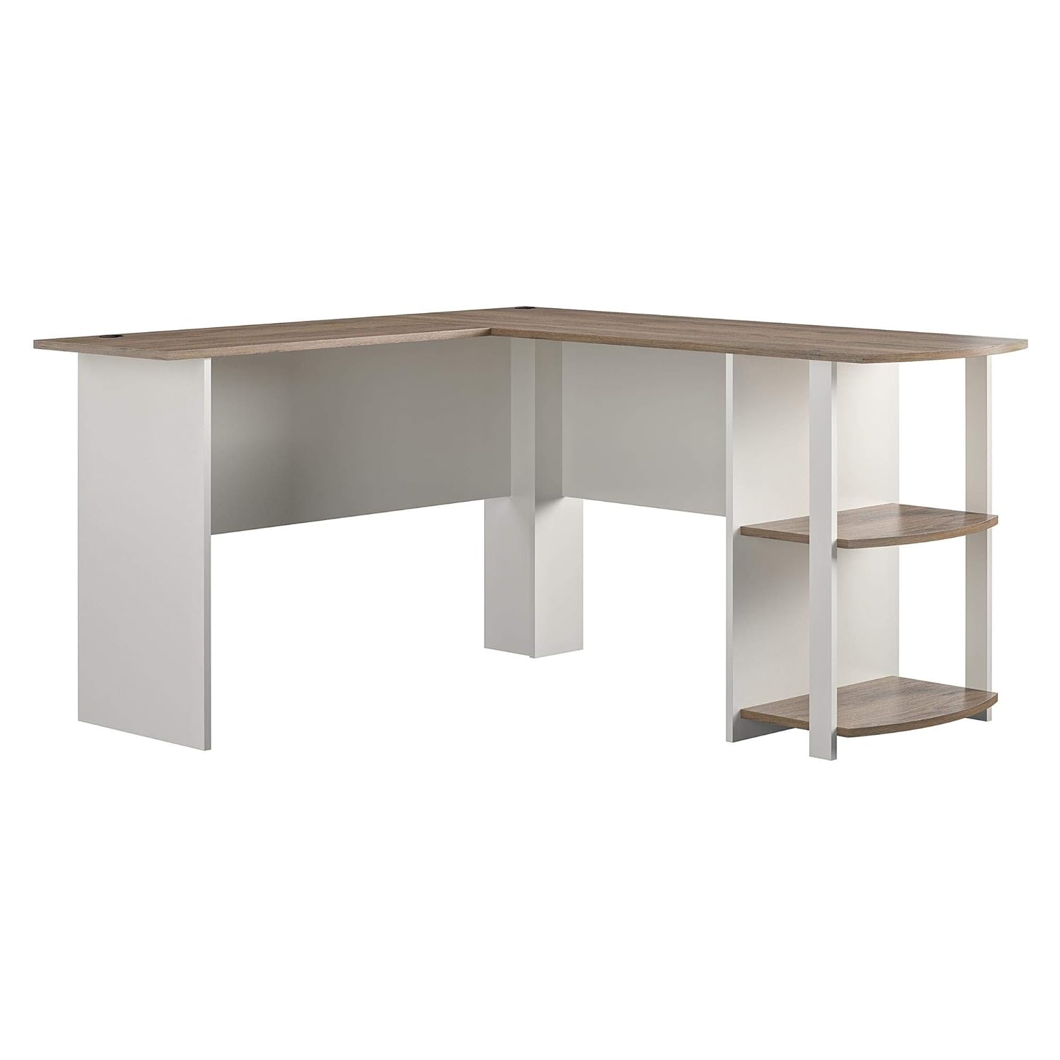 AmazonBasics Classic LShaped Desk with Open Bookshelves, White/Natural
