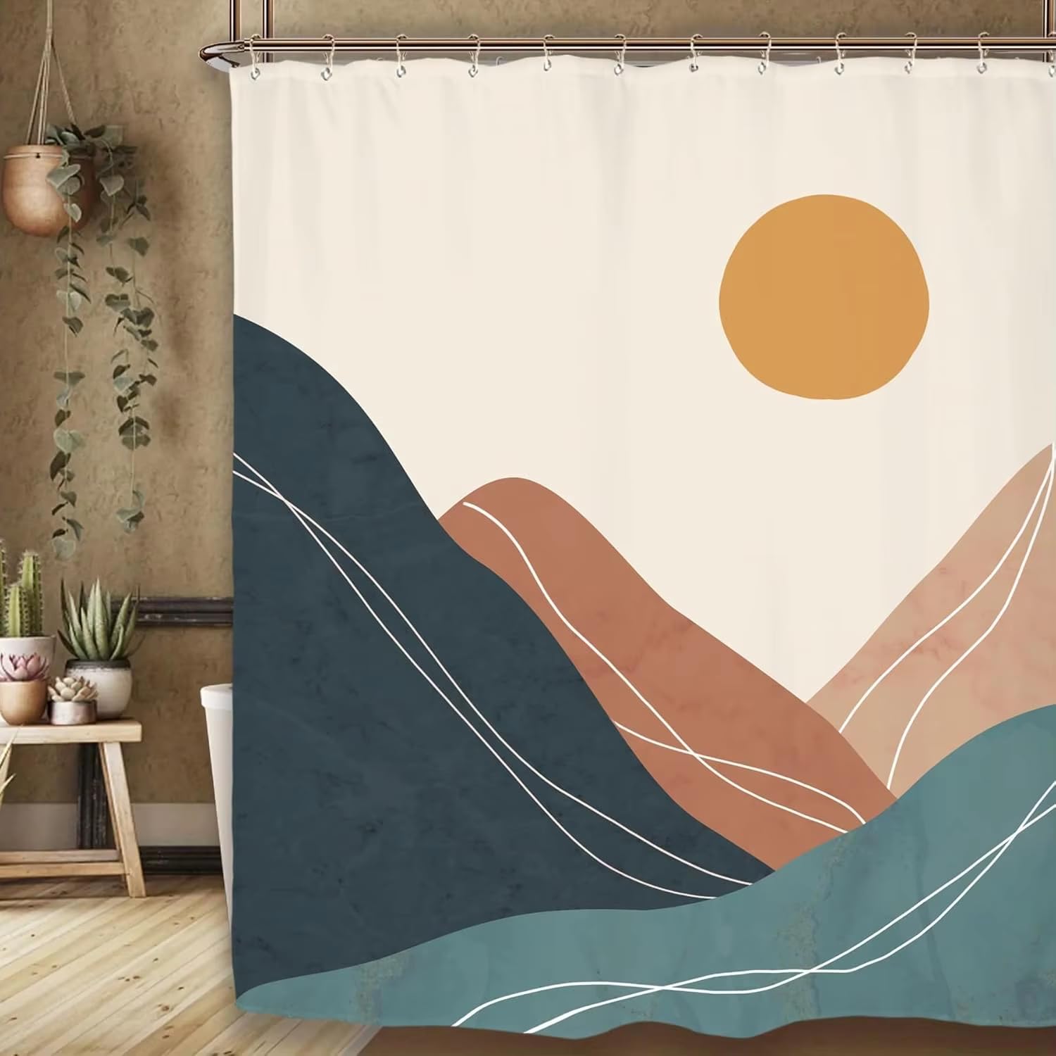 Rideau de douche abstrait montagne minimaliste lever soleil 145x210