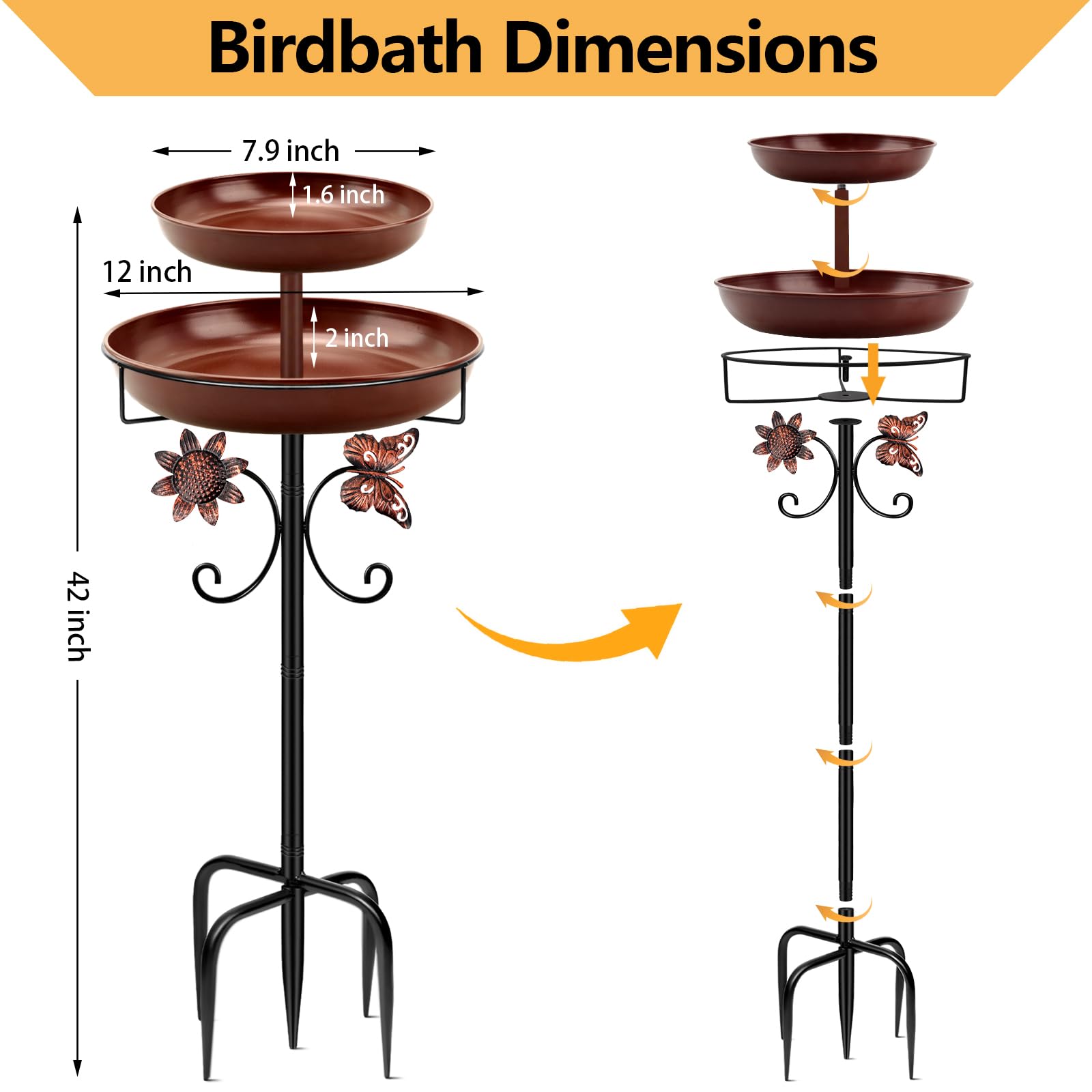 Mngren Bebedero para pájaros de pie, baño para pájaros para exterior, jardín, 2 en 1, de metal, bebedero para pájaros, bebedero para pájaros antiguo, resistente al invierno, cuenco de agua (marrón)