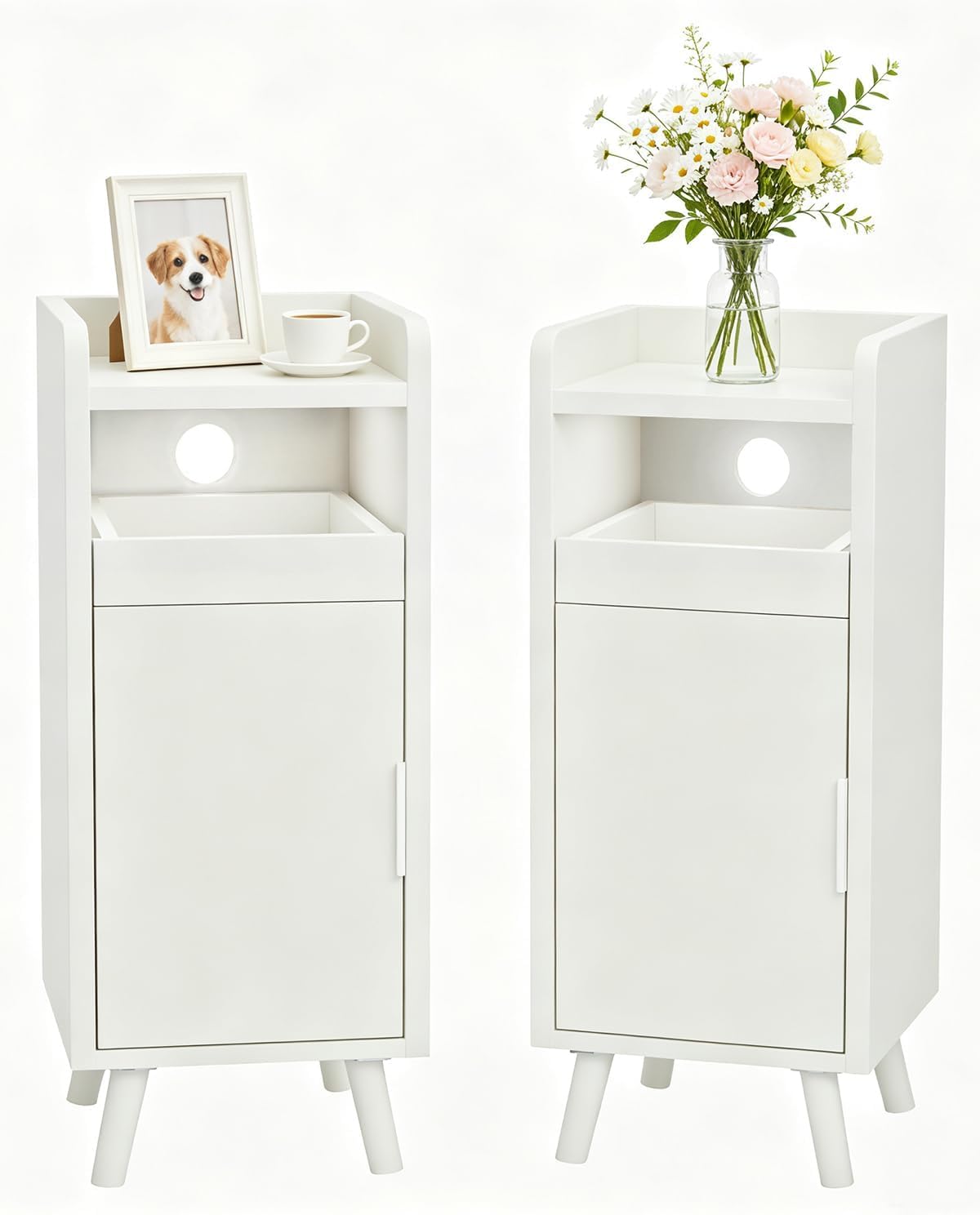 Mesita de noche de 2 plazas de noche estrechas, pequeñas con cajón y puerta, mesita de noche, gestión de cables, mesa auxiliar, ahorro de espacio para sala de estar, dormitorio, 25 x 30 x 61