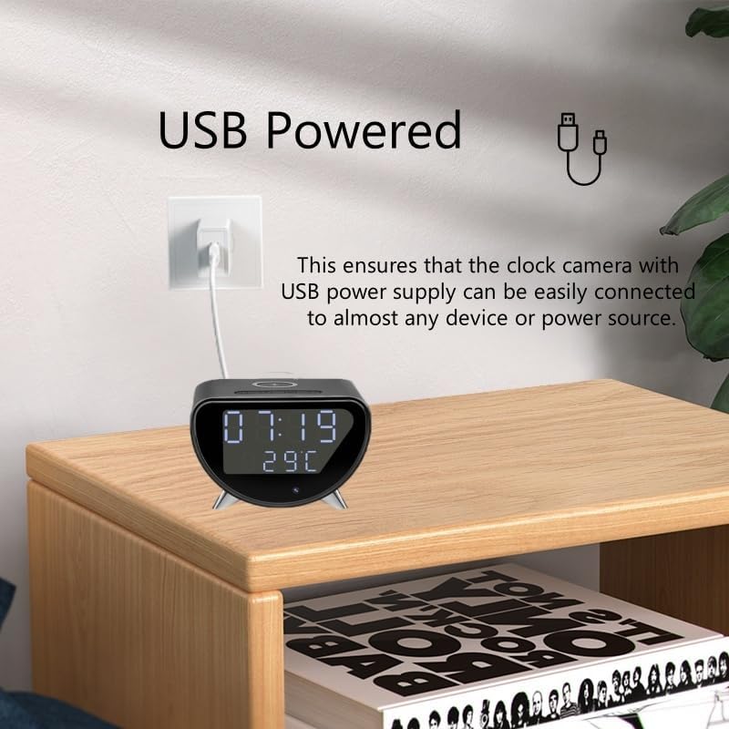 The InCliick 4K Camera Clock connected to a wall outlet via a USB cable, placed on a wooden nightstand.